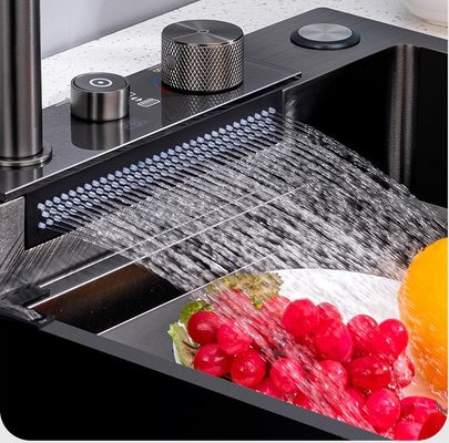 Cinza 75*45 Single Bowl Countertop Submount SUS304 Lava-louças de cozinha com torneira de chuva pulverizador de saída
