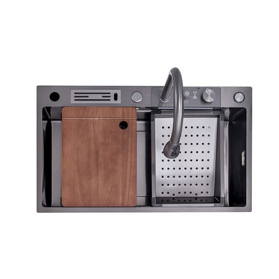 Bacia de lavagem cinza essencial de cozinha moderna em aço inoxidável 304 com design de cascata