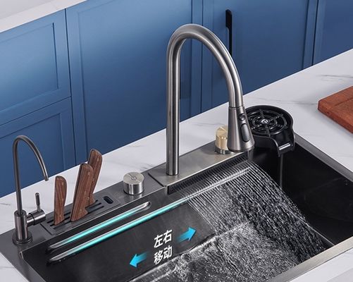 Bacia de lavagem cinza essencial de cozinha moderna em aço inoxidável 304 com design de cascata